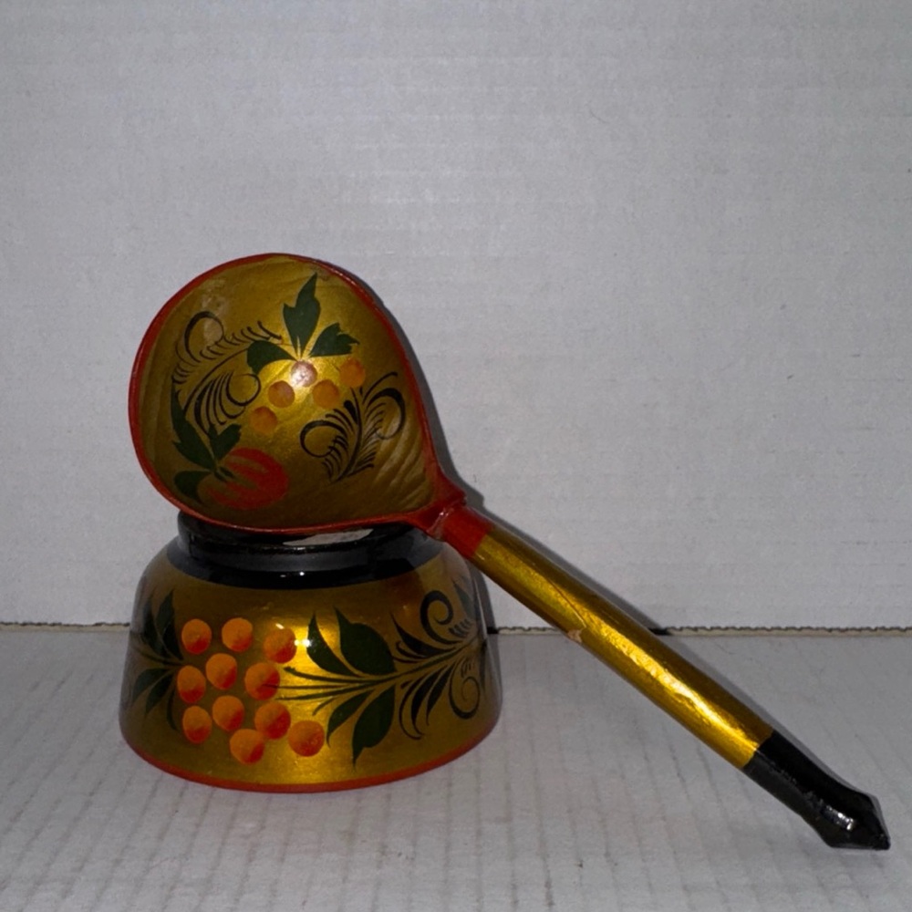 Folk Art Lacquered Khokhloma Hand Painted Bowl & Spoon - Vintage